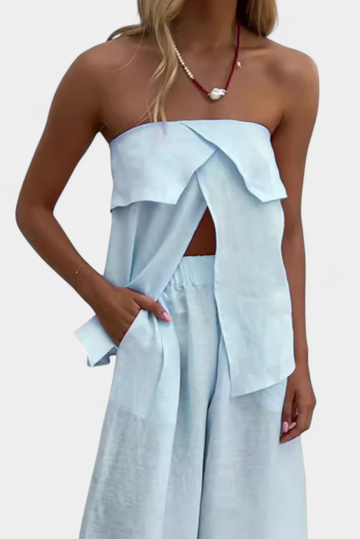 Oriana Conjunto Strapless com Saia de Abertura em Cor Lisa