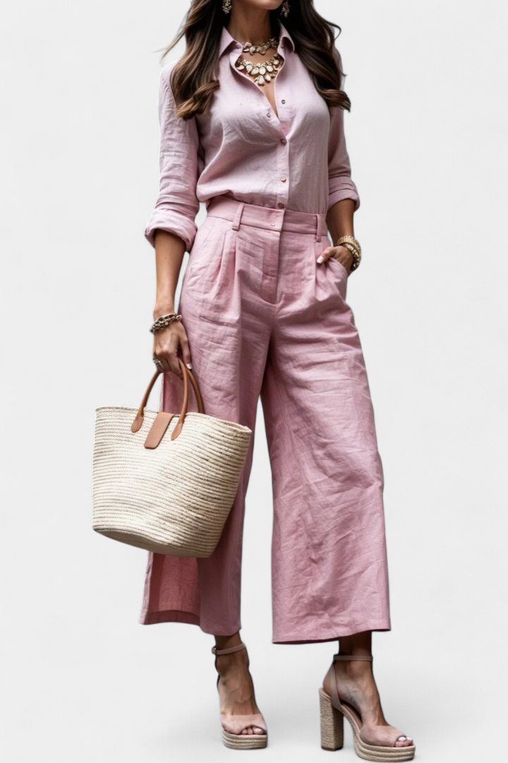 Sabina Conjunto Rosa de Camisa Solta e Calças Capri
