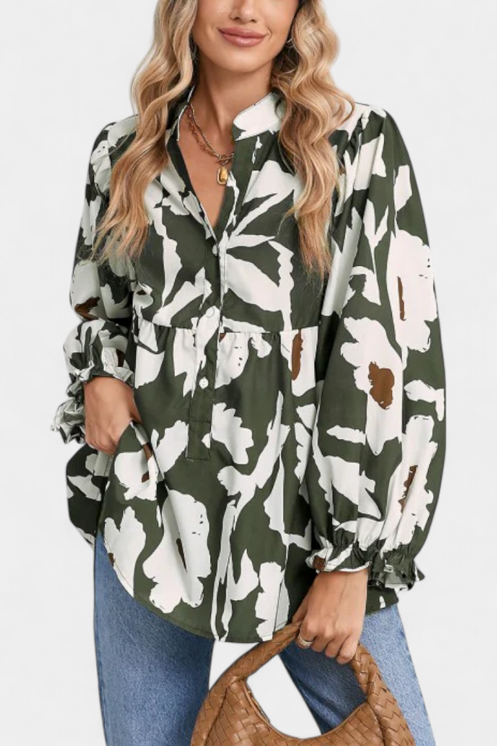 Filomena - Blusa com Botoadura Parcial e Manga Bufante com Estampado Floral Abstrato