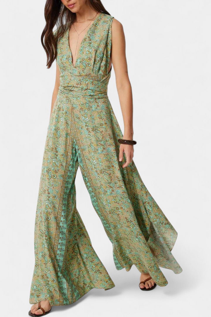 Leandra Macacão Fluido Cruzado com Estampado Floral Verde