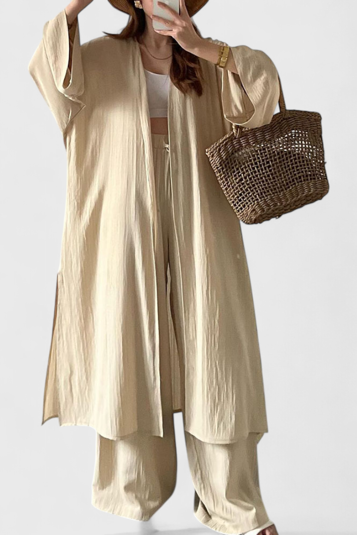 Suella Conjunto Casual de Duas Peças com Cardigan Comprido e Abertura Lateral