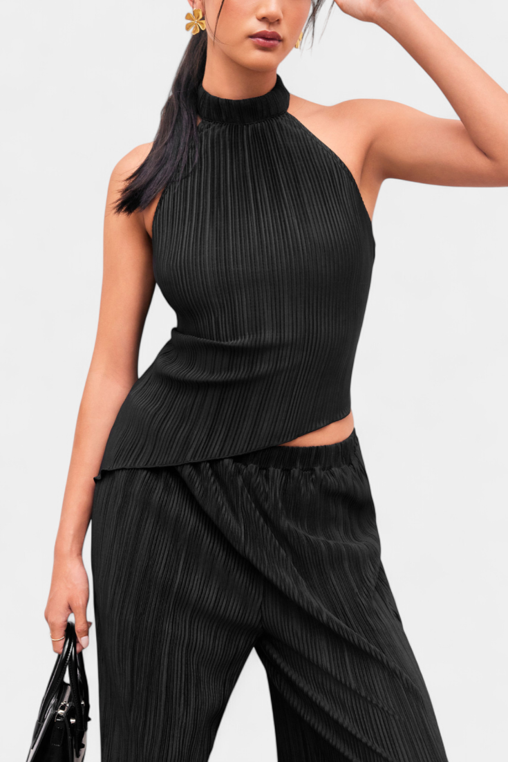 Pilarica Conjunto Plissado com Top Assimétrico Halter e Calças Fluidas