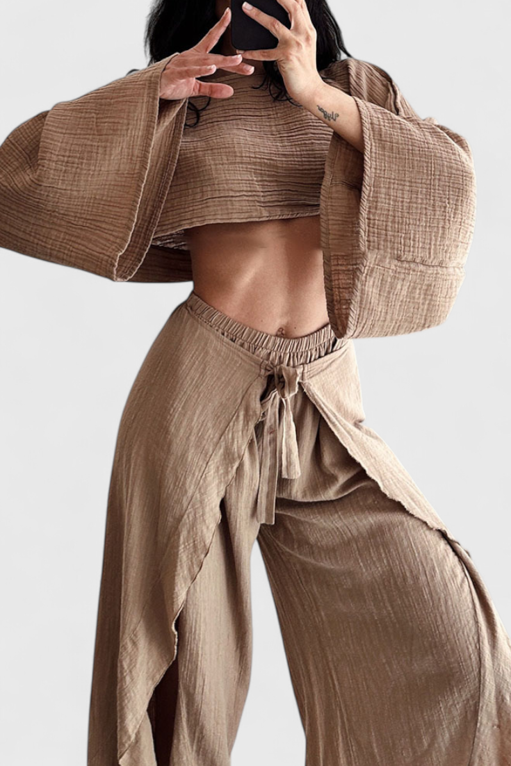 Maeva Conjunto Casual de Duas Peças com Abertura e Laço