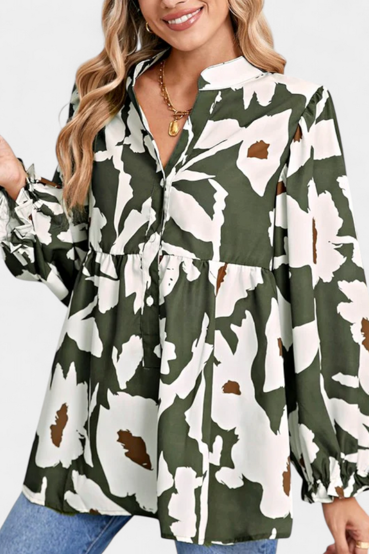 Filomena - Blusa com Botoadura Parcial e Manga Bufante com Estampado Floral Abstrato