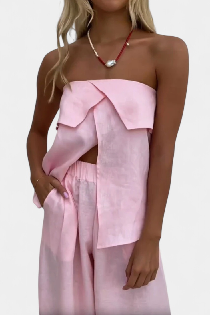 Oriana Conjunto Strapless com Saia de Abertura em Cor Lisa