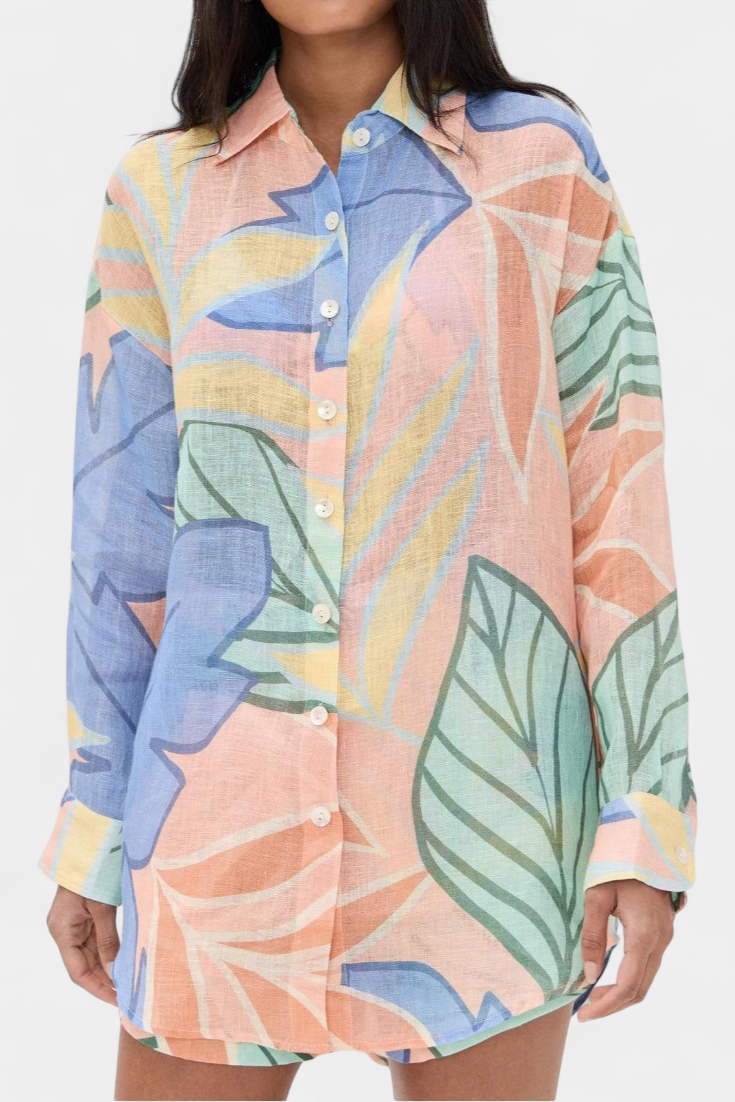 Lumina Conjunto Tropical com Camisa Solta e Calções de Cintura Alta