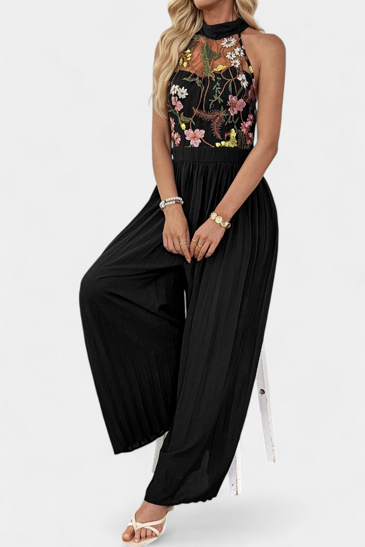 Maruja Macacão Palazzo com Bordado Floral e Renda Transparente