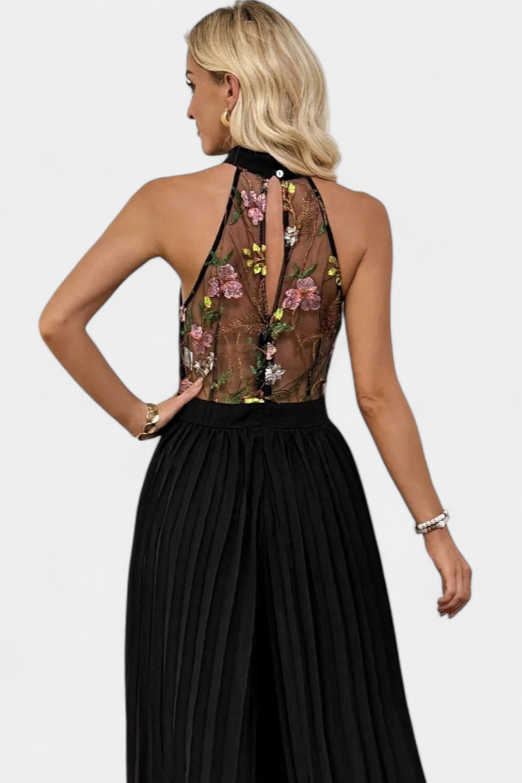 Maruja Macacão Palazzo com Bordado Floral e Renda Transparente