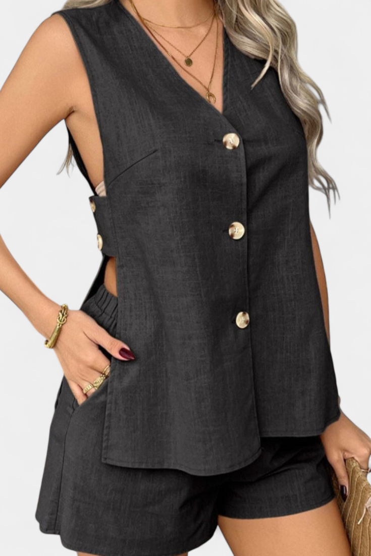 Loren Conjunto de Linho sem Mangas de Estilo Relaxado