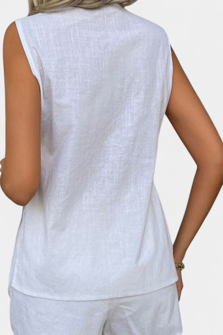 Loren Conjunto de Linho sem Mangas de Estilo Relaxado