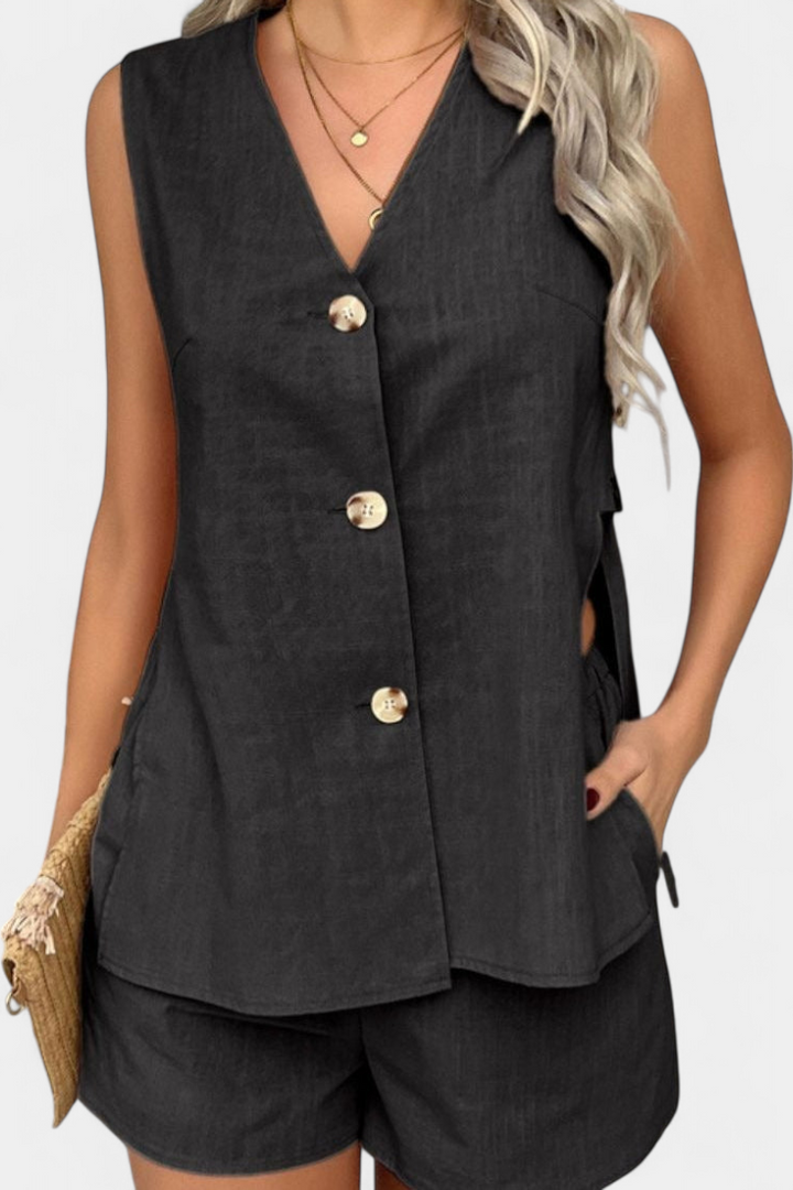 Loren Conjunto de Linho sem Mangas de Estilo Relaxado