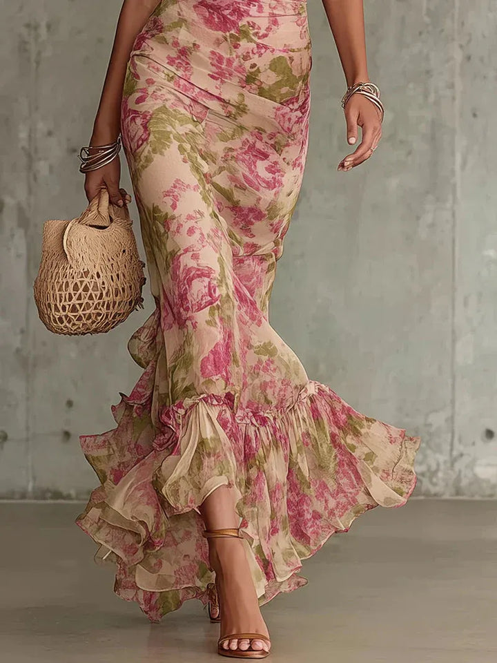 Fiona | Vestido Longo com Estampado Vintage de Rosas e Mangas Bufantes