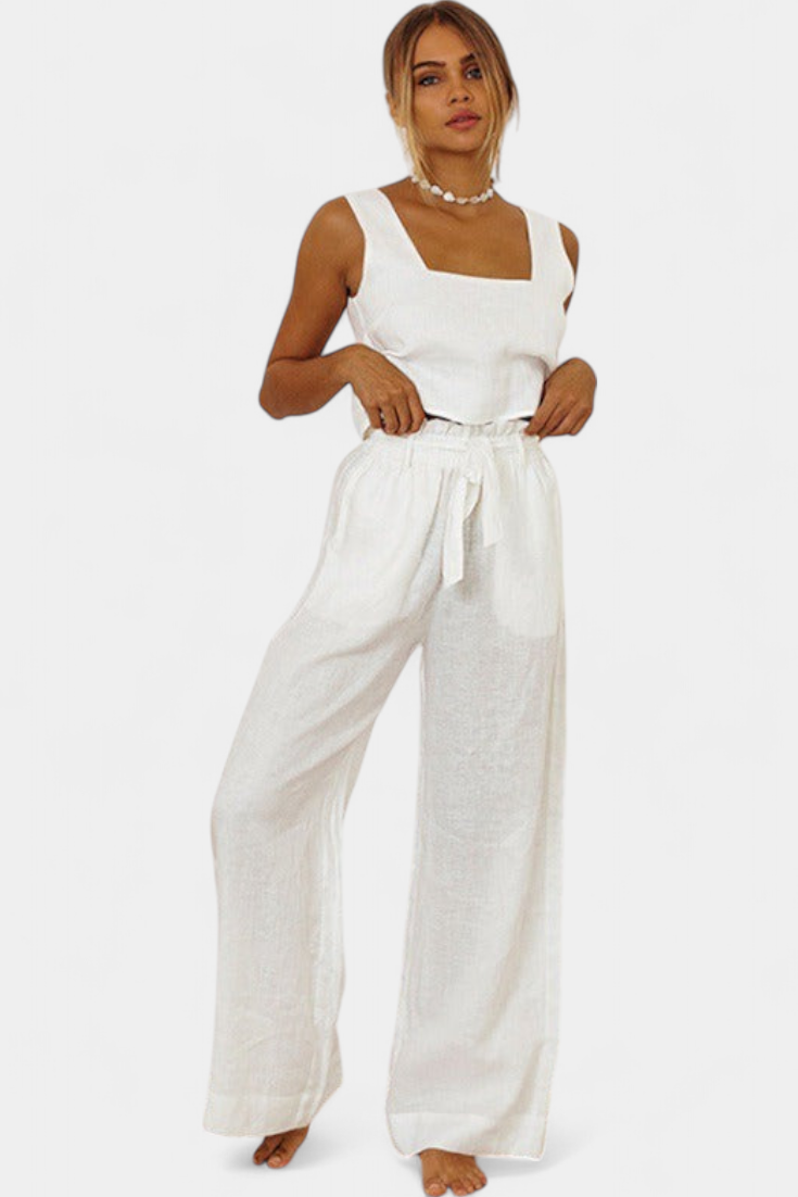 Pascuala Conjunto de Linho de Duas Peças com Blusa sem Mangas e Calças Fluidas