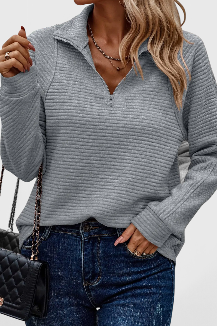 Helene - Camisola de Decote em V com Fecho e Manga Comprida