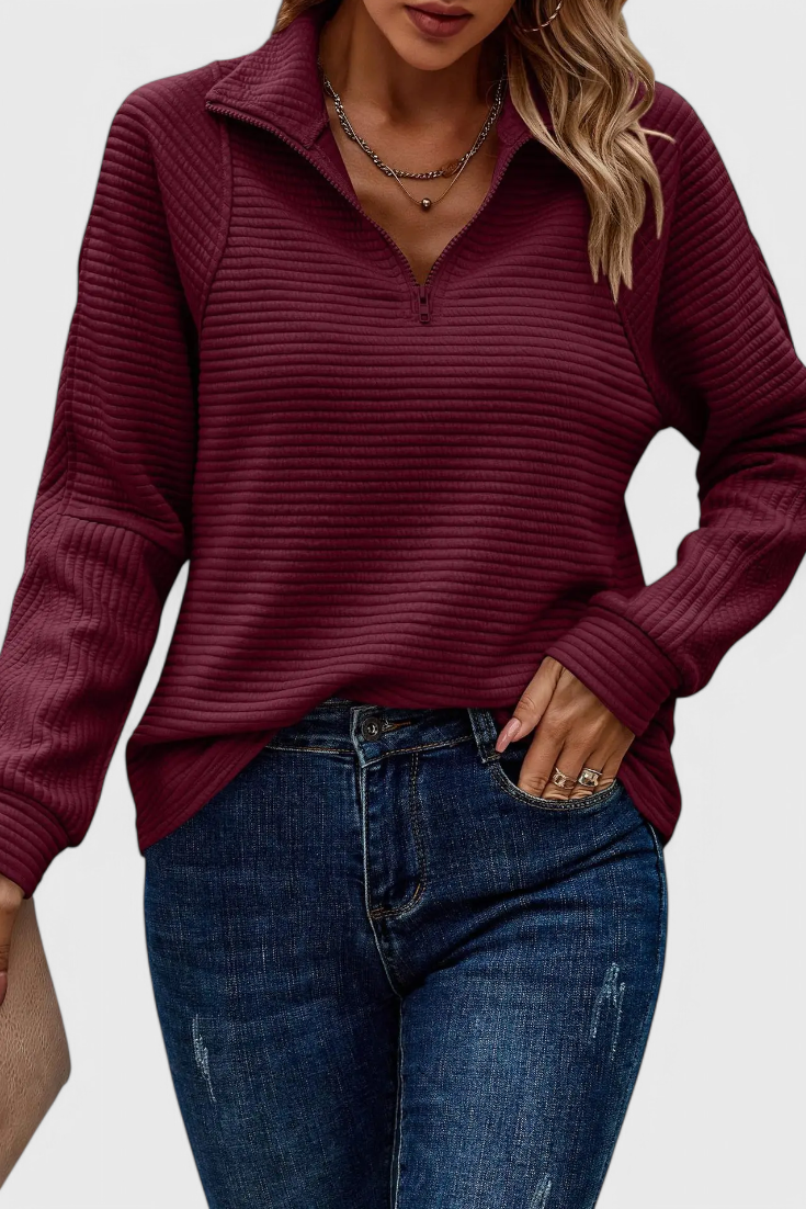 Helene - Camisola de Decote em V com Fecho e Manga Comprida