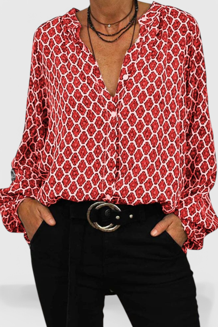 Jemima Blusa de Botões com Estampado Geométrico