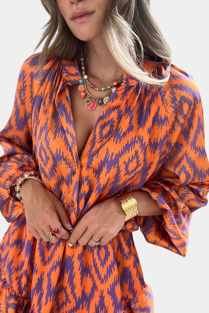 Yasmine Macacão Mini com Folhos e Estampado Ikat