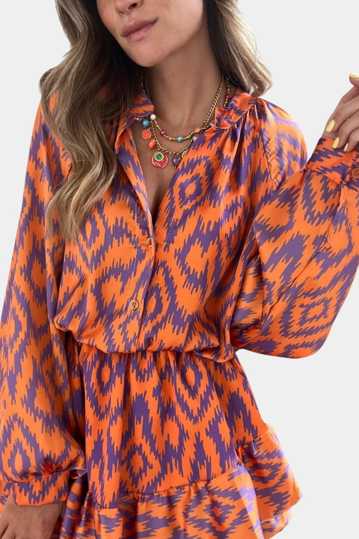 Yasmine Macacão Mini com Folhos e Estampado Ikat