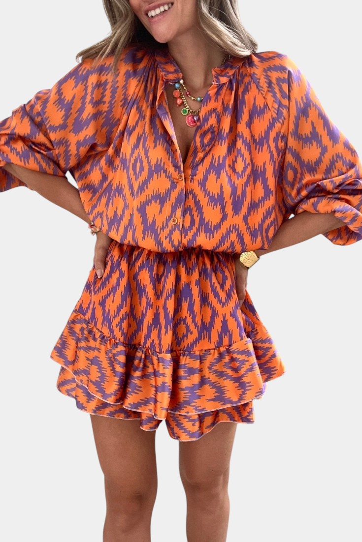 Yasmine Macacão Mini com Folhos e Estampado Ikat