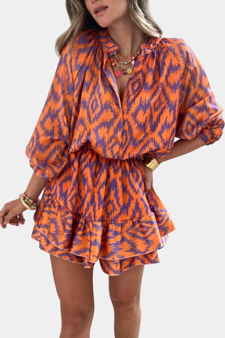Yasmine Macacão Mini com Folhos e Estampado Ikat