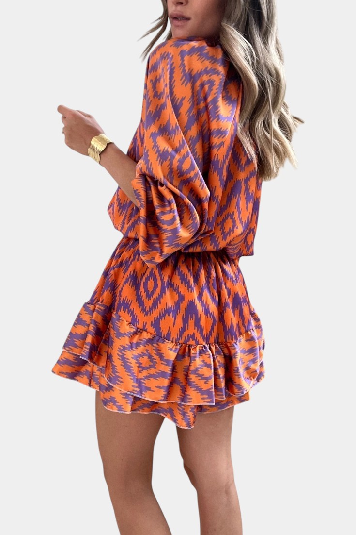 Yasmine Macacão Mini com Folhos e Estampado Ikat