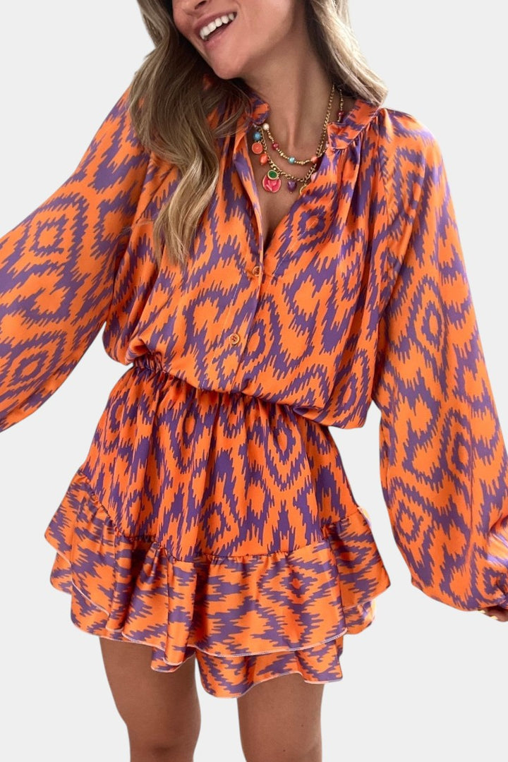 Yasmine Macacão Mini com Folhos e Estampado Ikat