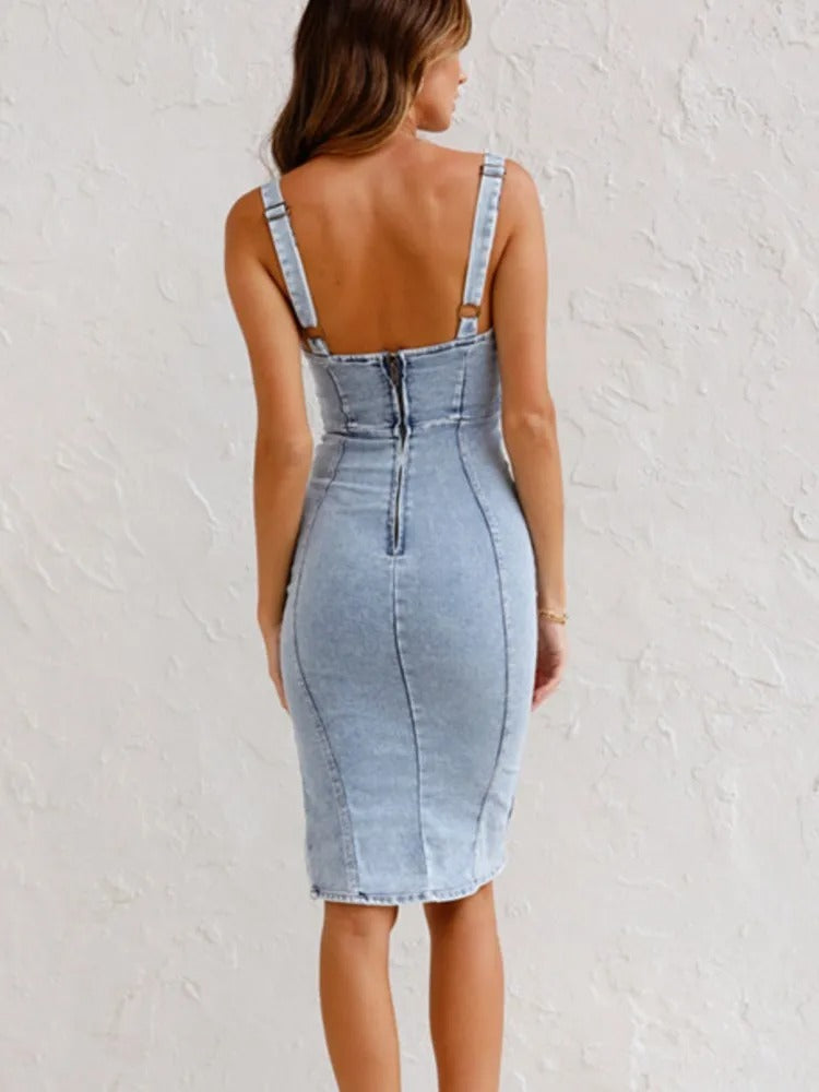 Vestido Ganga Midi Ajustado com Fecho Frontal – Denim Elegance
