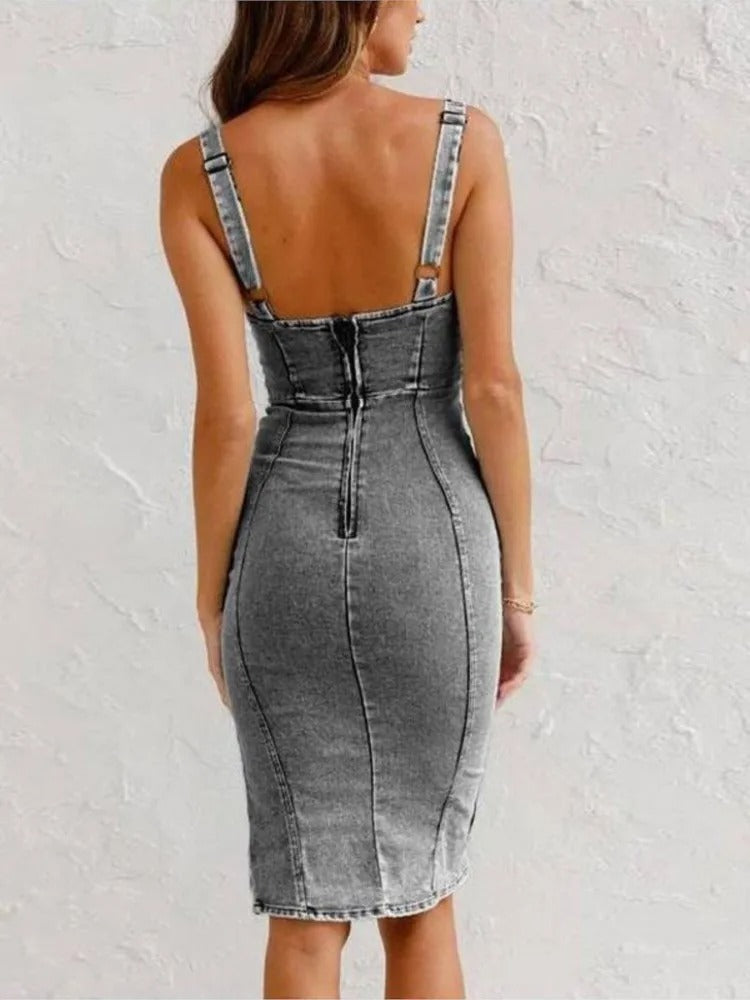 Vestido Ganga Midi Ajustado com Fecho Frontal – Denim Elegance