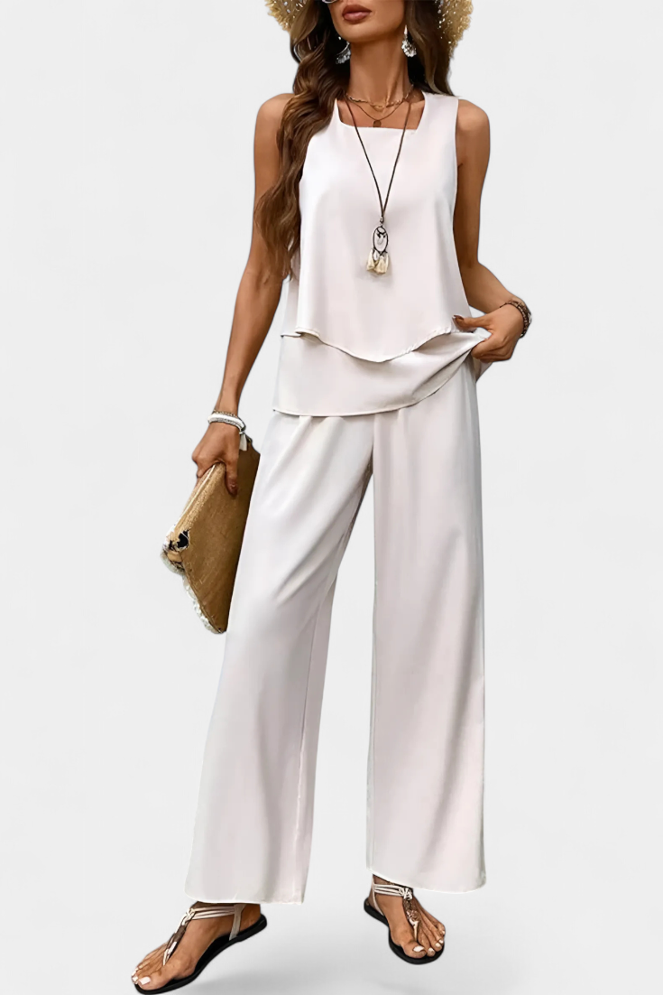 Martina Conjunto Boho Elegante sem Mangas com Calças Retas Estampadas