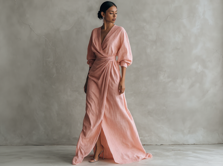Vestido Maxi Minimalista Rosa com decote em V em linho misto para Mulher