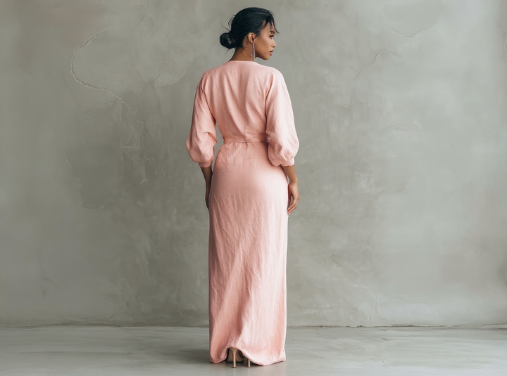 Vestido Maxi Minimalista Rosa com decote em V em linho misto para Mulher