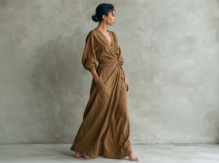 Vestido Maxi Minimalista Rosa com decote em V em linho misto para Mulher