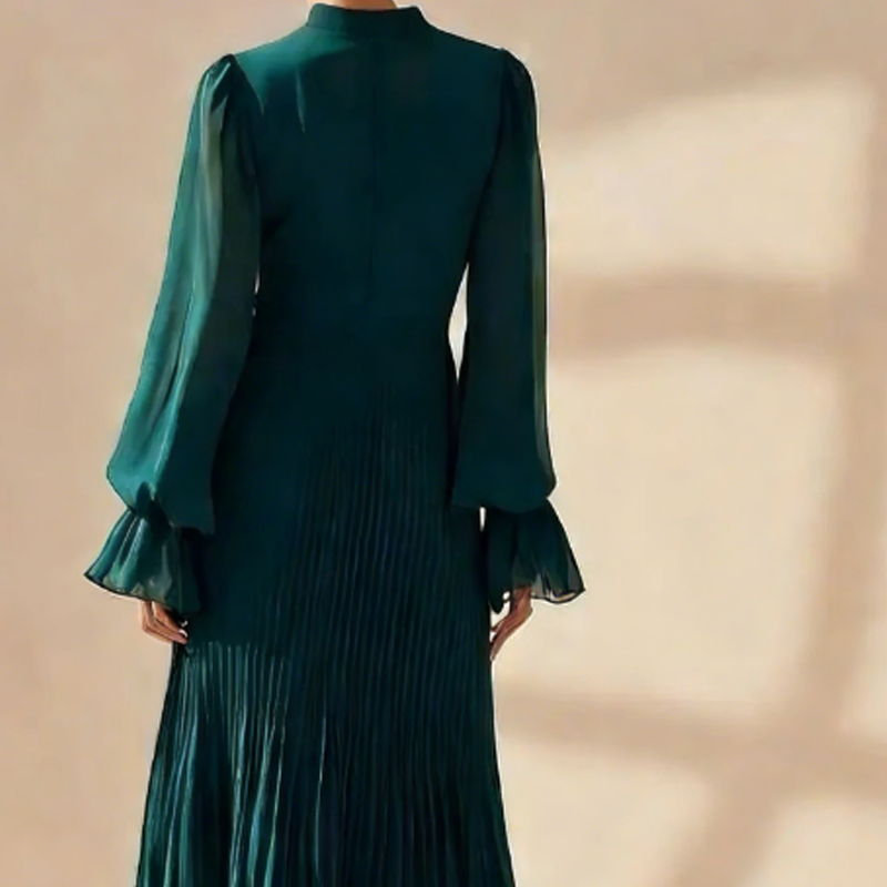 Vestido Midi Plissado Elegante com Folhos