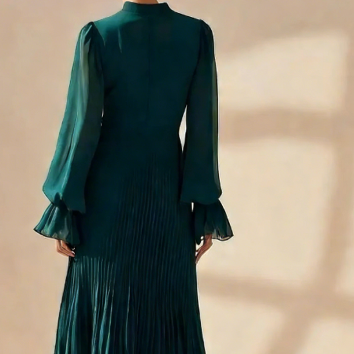 Vestido Midi Plissado Elegante com Folhos