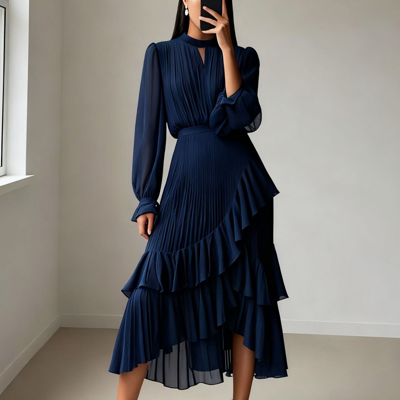 Vestido Midi Plissado Elegante com Folhos