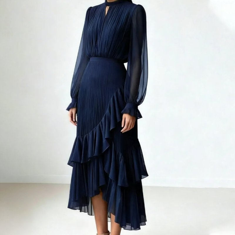 Vestido Midi Plissado Elegante com Folhos