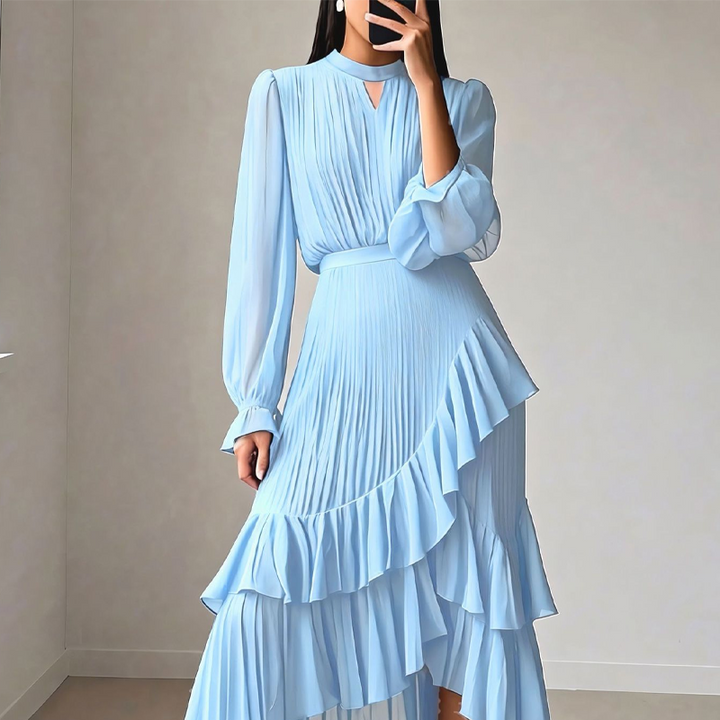 Vestido Midi Plissado Elegante com Folhos