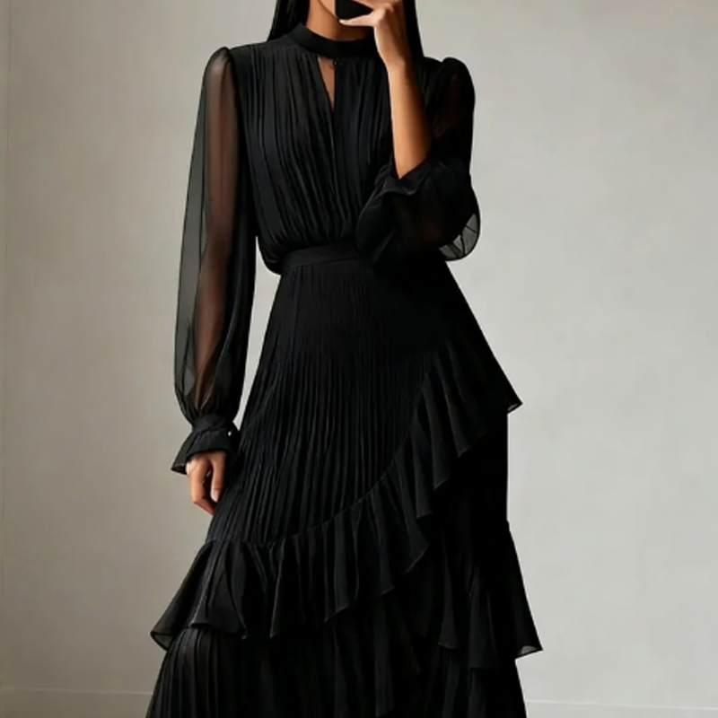Vestido Midi Plissado Elegante com Folhos