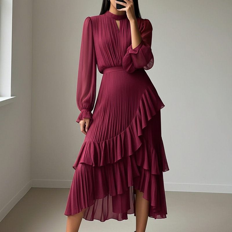 Vestido Midi Plissado Elegante com Folhos