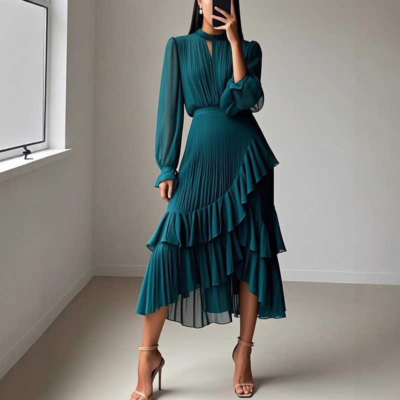 Vestido Midi Plissado Elegante com Folhos