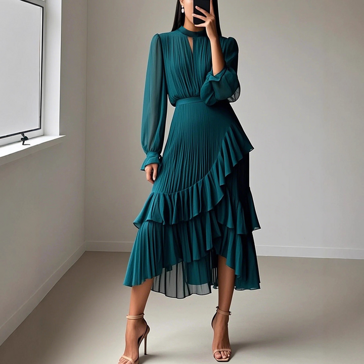 Vestido Midi Plissado Elegante com Folhos