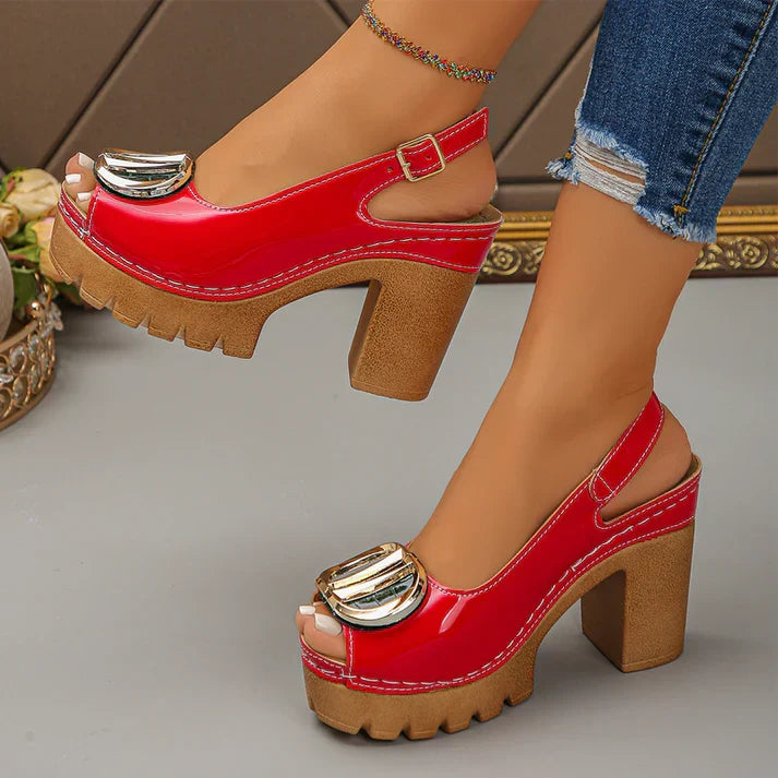 Eva - Sandálias Peep-Toe de Salto Largo com Fivela Metálica