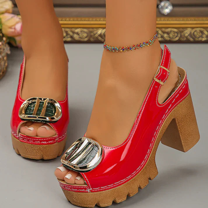 Eva - Sandálias Peep-Toe de Salto Largo com Fivela Metálica