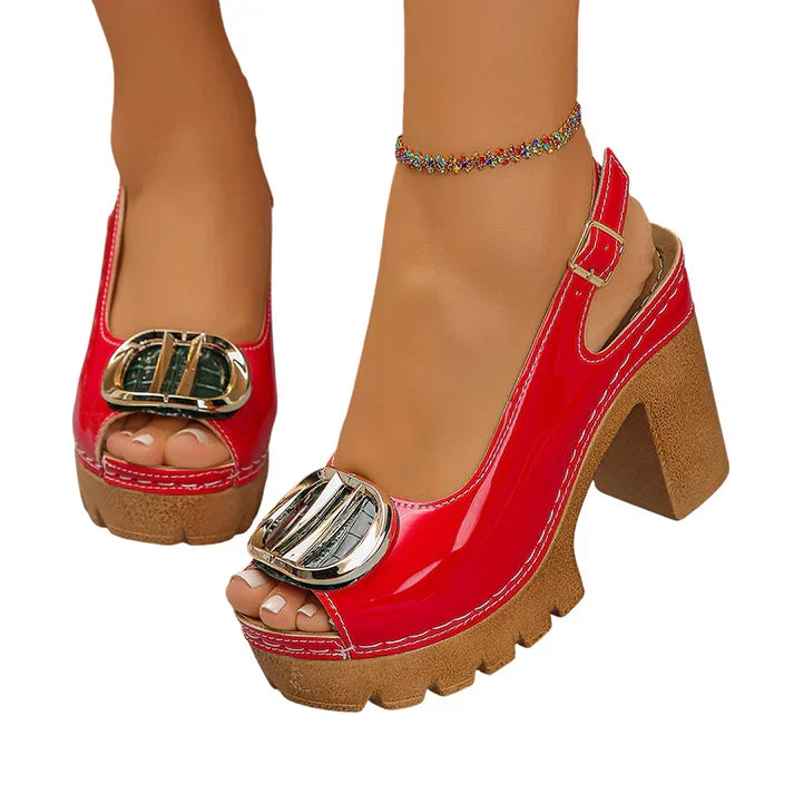 Eva - Sandálias Peep-Toe de Salto Largo com Fivela Metálica