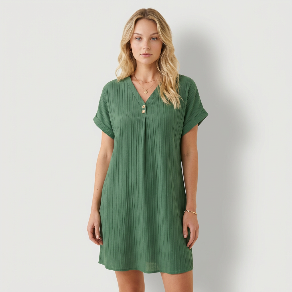 Delia - Vestido com Decote em V e Detalhes com Botões